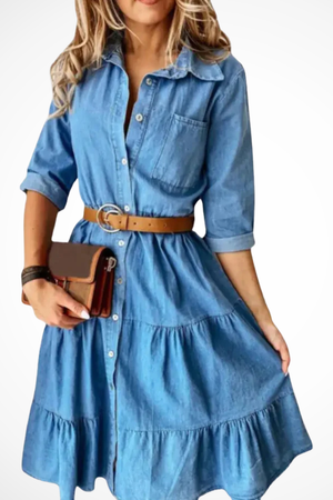 Women’s Denim Button-Front Tiered Midi Dress