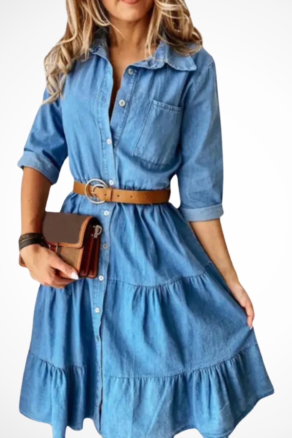 Women’s Denim Button-Front Tiered Midi Dress