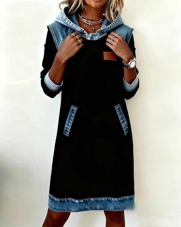 Women's Denim Midi Dress with Hood and Pockets