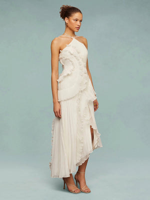 Women’s One-Shoulder Ruffle Maxi Dress with Asymmetrical Hem
