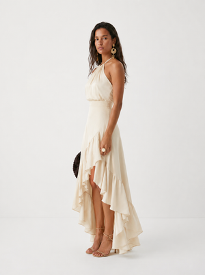 Women's Halter Midi Dress with Asymmetric Ruffle Hem