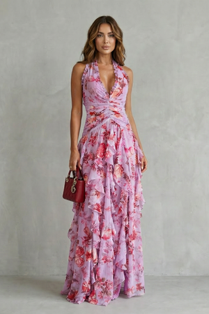 Vestido largo de mujer con cuello halter y estampado floral