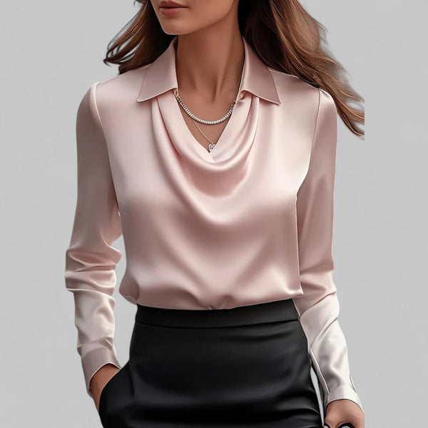Draped Neck Satin Blouse with Long Sleeves