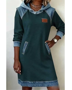 Women's Denim Midi Dress with Hood and Pockets