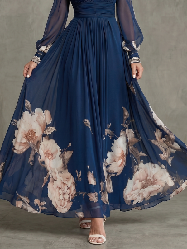 Women's Pleated Maxi Dress with Sheer Sleeves