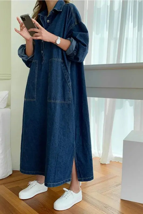 Women's Denim Maxi Dress Oversized Collared Long Sleeve