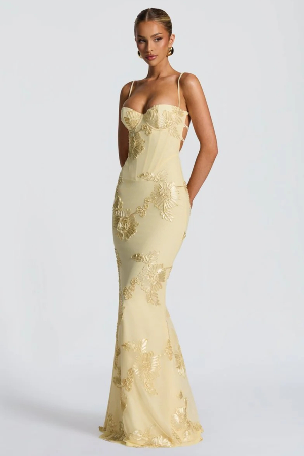 Women's Floral Embroidered Strapless Corset Maxi Dress