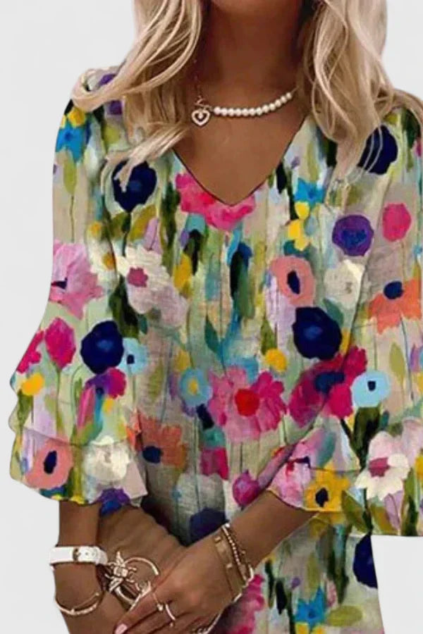 Women's Floral V-Neck Tunic Mini Dress