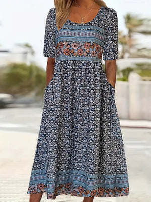 Women’s Boho Vintage Print Floral Midi Dress