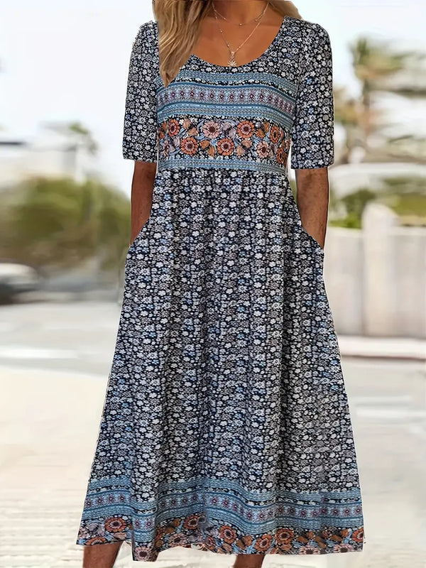 Women’s Boho Vintage Print Floral Midi Dress