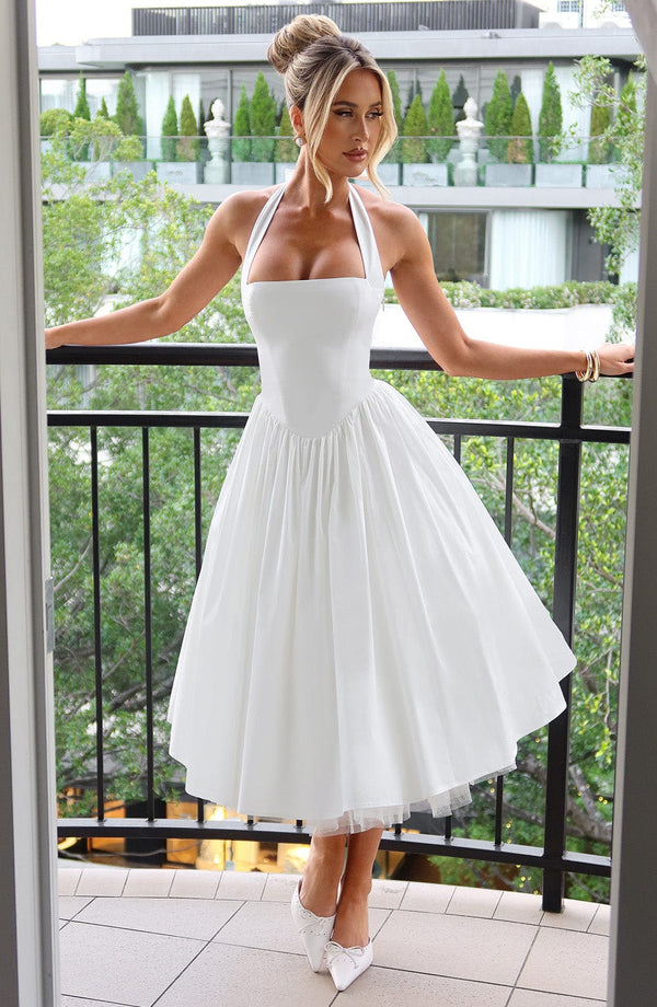 Vestido midi elegante de corte evasé en línea A para mujer