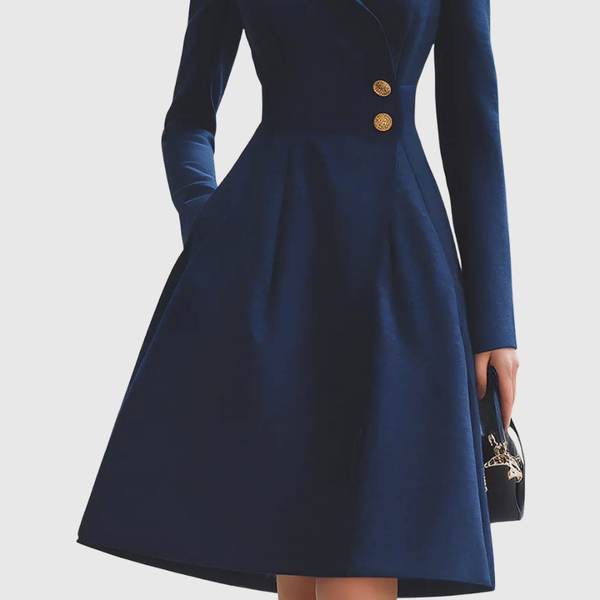 Women's Tailored Collar Midi Dress with Gold Buttons
