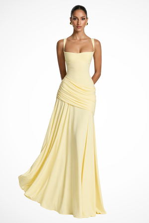 Women's Square Neck Ruched Maxi Dress with Side Slit