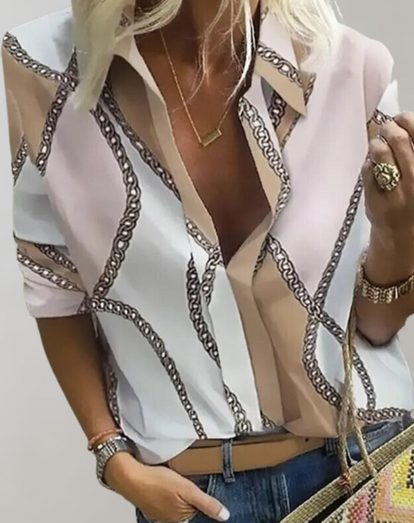 Women's Geometric Chain Print Button-Up Blouse