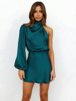 Minivestido de satén de noche para mujer con un solo hombro