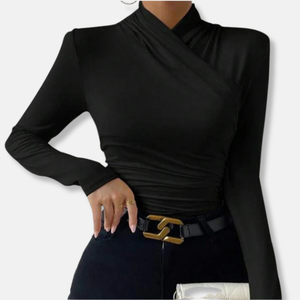 Women’s Asymmetric Ruched High-Neck Long Sleeve Top