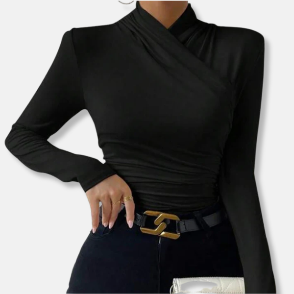 Women’s Asymmetric Ruched High-Neck Long Sleeve Top