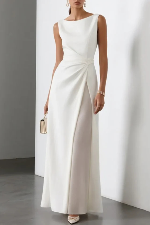 Women’s Sleeveless Maxi Dress with Side Ruched Waist and High Slit Detail