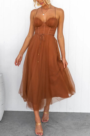 Women’s Corset Sweetheart Neck Tulle Midi Dress