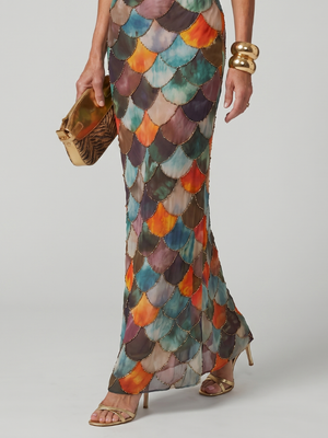 Women’s Multicolor Scallop Print Halter Neck Maxi Dress