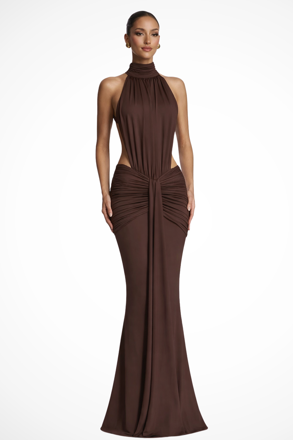 Women’s Backless Halter Ruched Bodycon Maxi Dress