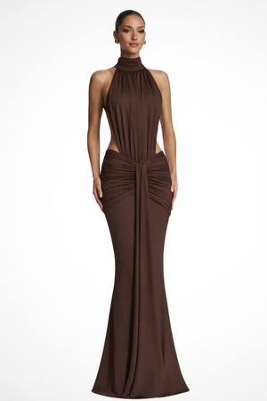 Women’s Backless Halter Ruched Bodycon Maxi Dress