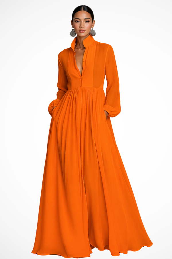 Vestido Maxi de Manga Larga con Botones y Bolsillos para Mujer