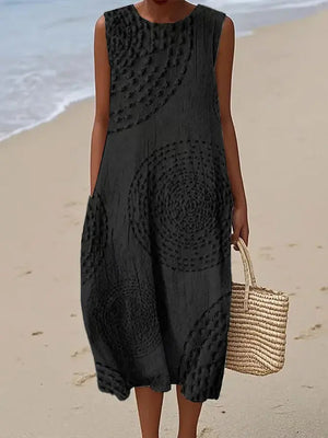 Women's Sleeveless Textured Midi Dress with Artistic Design