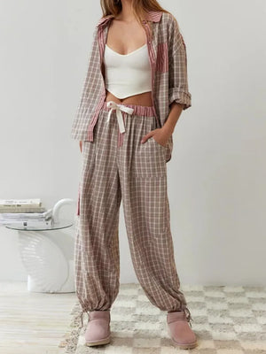 Women's Plaid Contrast Button-Up Pajama Set
