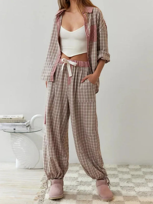 Women's Plaid Contrast Button-Up Pajama Set