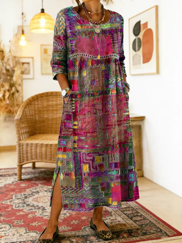 Women's Midi Dress with Artistic Print and Side Slit