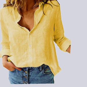 Blusa de mujer con cuello en V, manga larga y botones delanteros