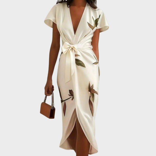 Vestido midi cruzado de mujer con mangas acampanadas