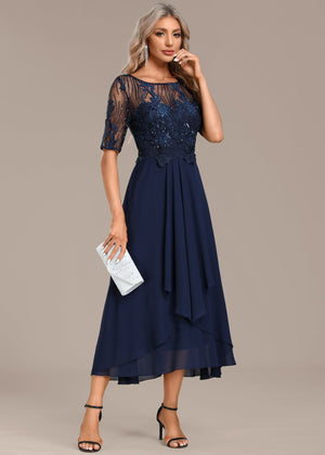 Women's Lace Midi Dress with Flowing Skirt