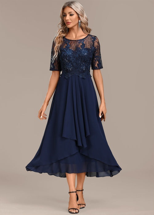 Women's Lace Midi Dress with Flowing Skirt