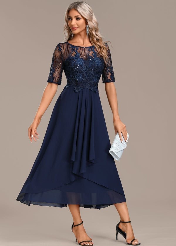 Women's Lace Midi Dress with Flowing Skirt