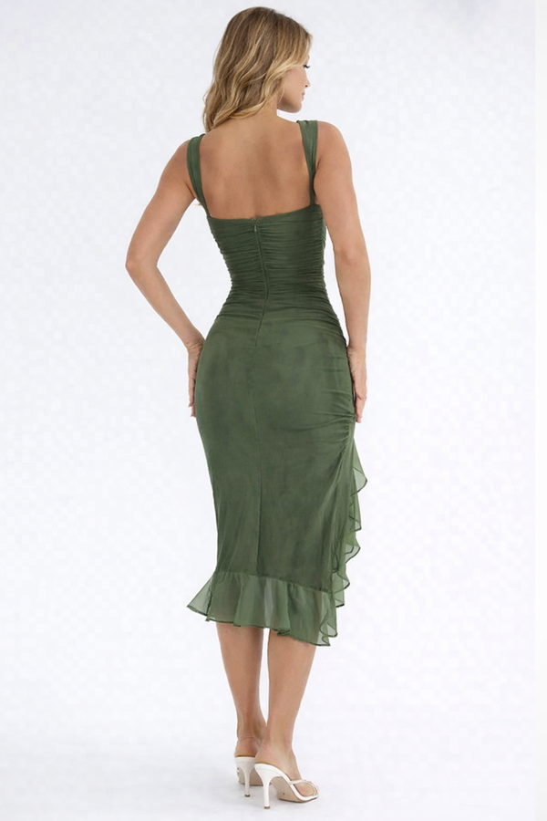 Women’s Sleeveless Ruched Midi Dress with Asymmetrical Hem and Ruffle Trim Detail