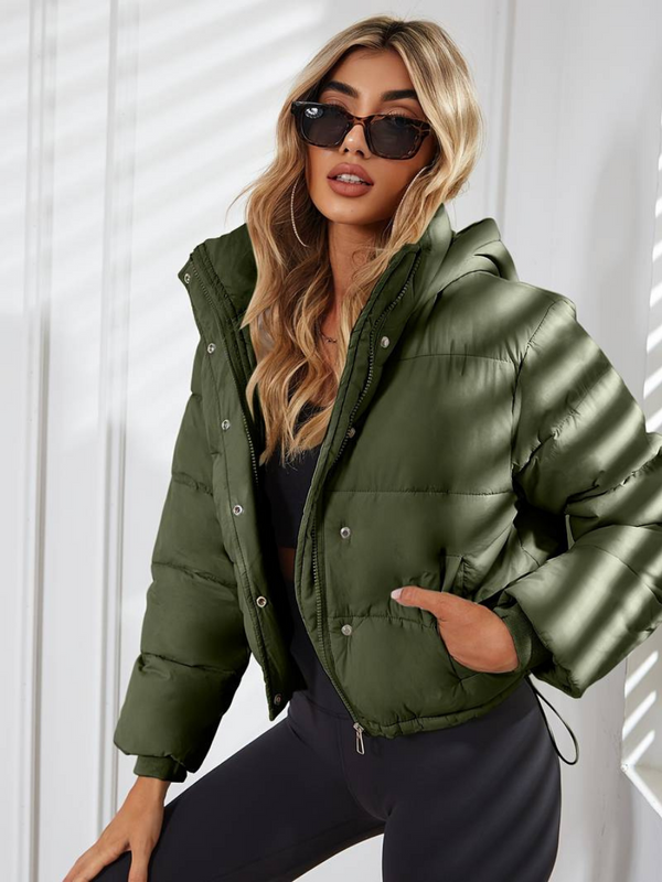 Cropped Hooded Zip-Up Quilted Winter Puffer Jacket