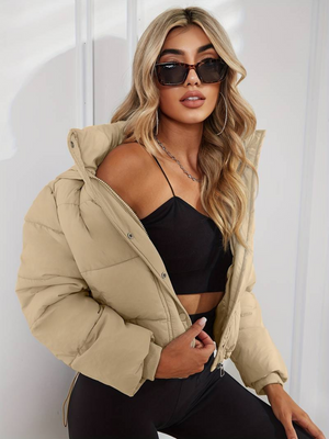 Cropped Hooded Zip-Up Quilted Winter Puffer Jacket