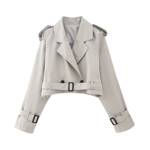 Women's Cropped Double-Breasted Trench Coat with Belted Cuffs