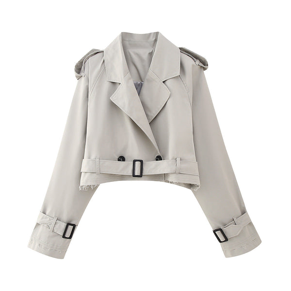 Women's Cropped Double-Breasted Trench Coat with Belted Cuffs