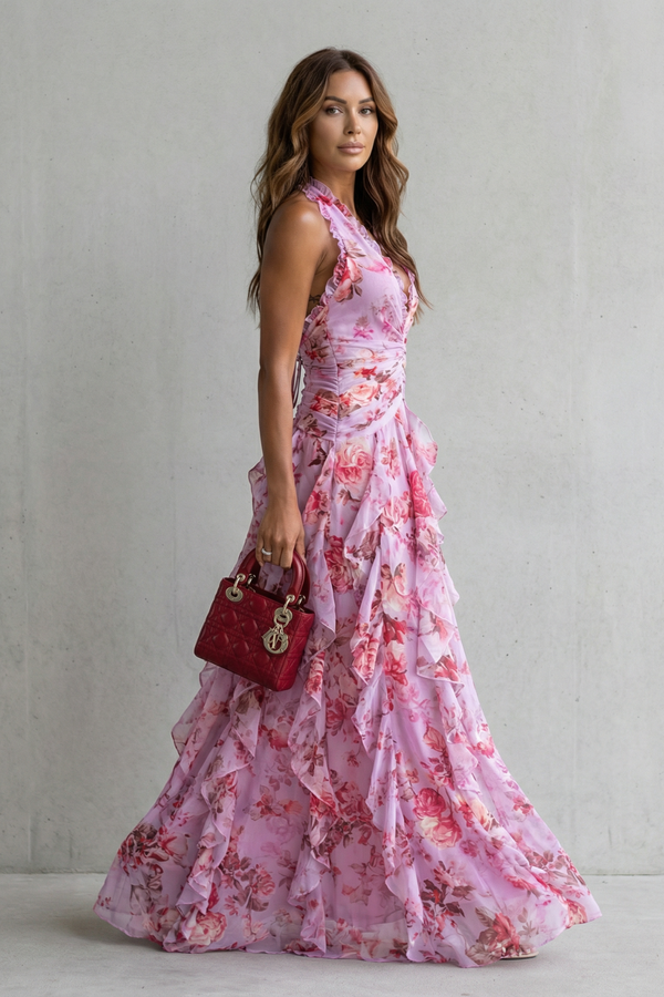 Vestido largo de mujer con cuello halter y estampado floral
