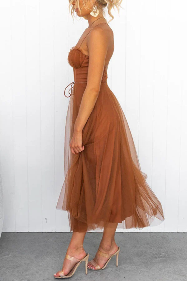 Women’s Corset Sweetheart Neck Tulle Midi Dress