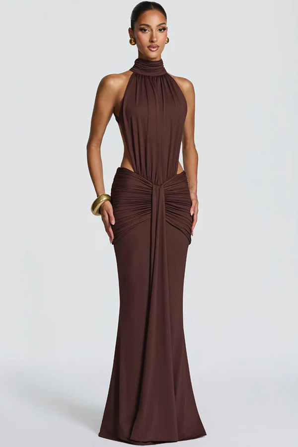 Women’s Backless Halter Ruched Bodycon Maxi Dress