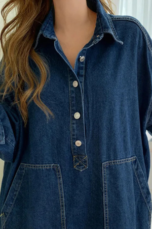 Women's Denim Maxi Dress Oversized Collared Long Sleeve