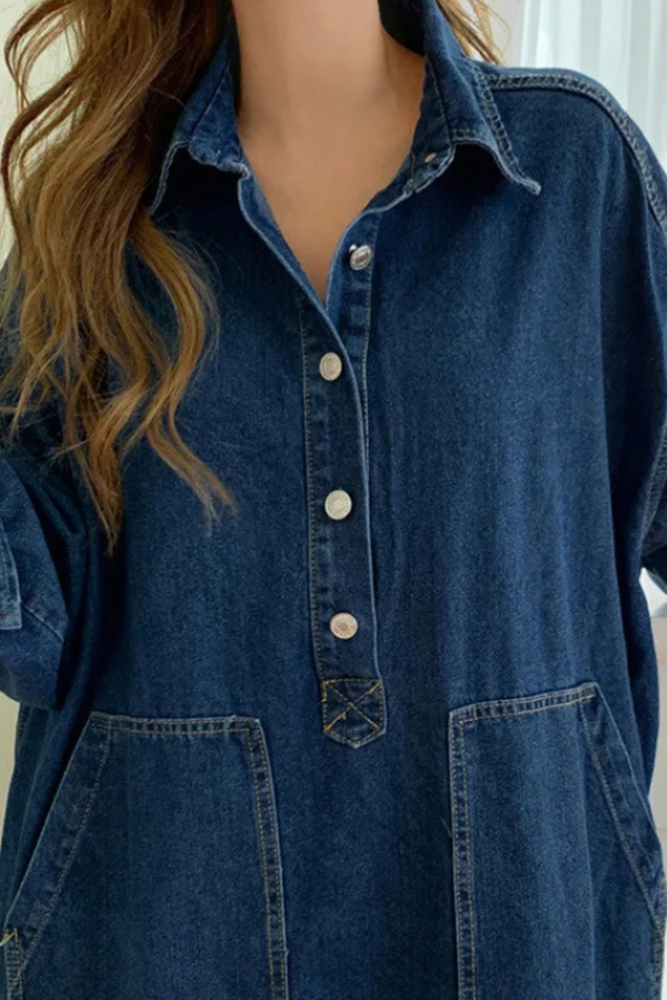 Women's Denim Maxi Dress Oversized Collared Long Sleeve