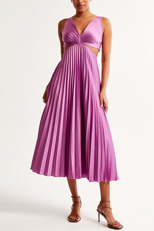 Women's V Neck Cut Out Waist Pleated Maxi Dress
