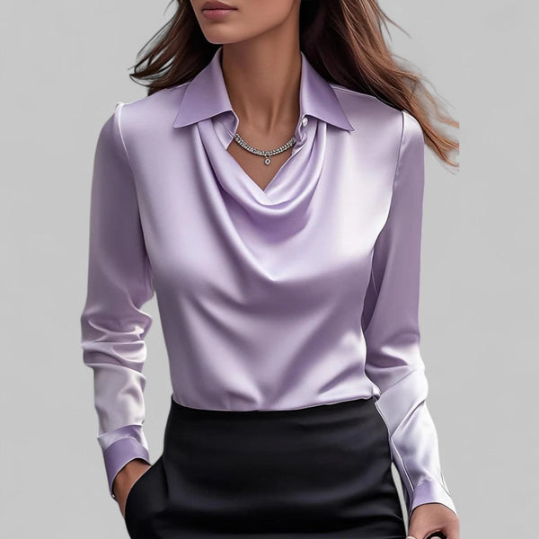 Draped Neck Satin Blouse with Long Sleeves