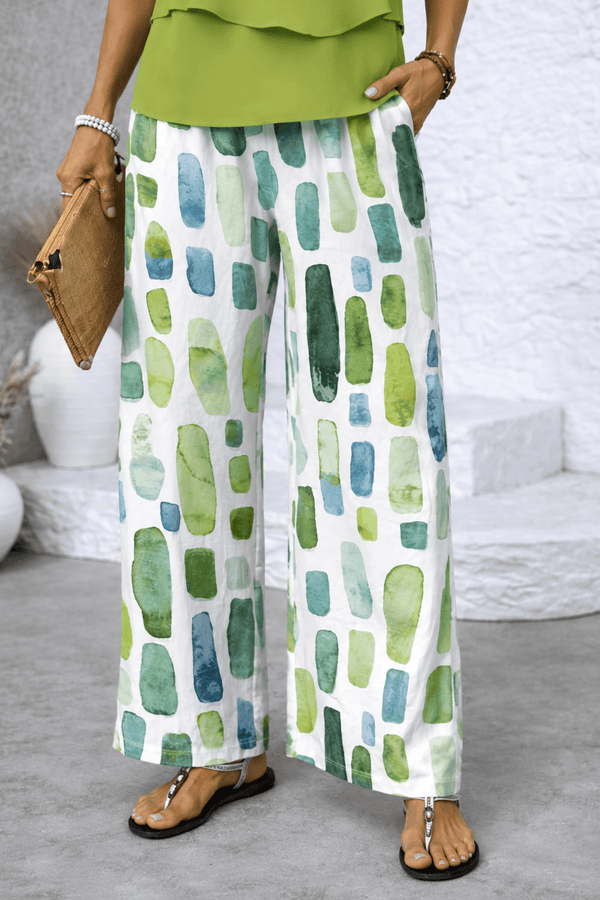 Women's Layered Top and Printed Wide-Leg Trousers Set