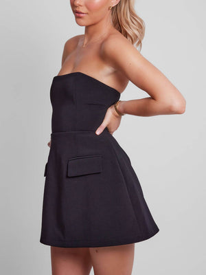 Women’s Strapless A-Line Mini Dress with Structured Silhouette and Pocket Detail